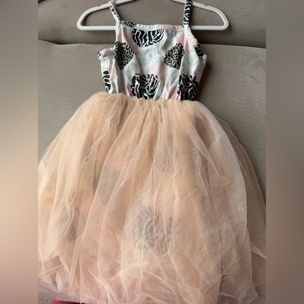 Lola & Taylor Girls Pink and Black Animal Print Dress with Tulle Skirt (size 7)